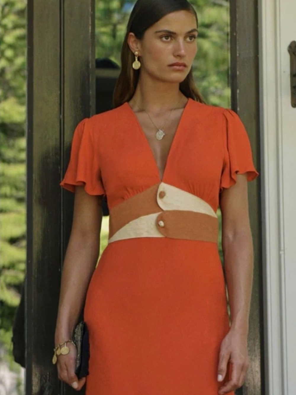 RIXO Orange V-Neck Midi Dress with Contrast Belt